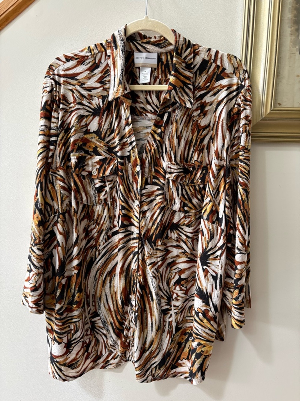 Alfred Dunner Brown Black White Abstract Feather-Print Blouse
